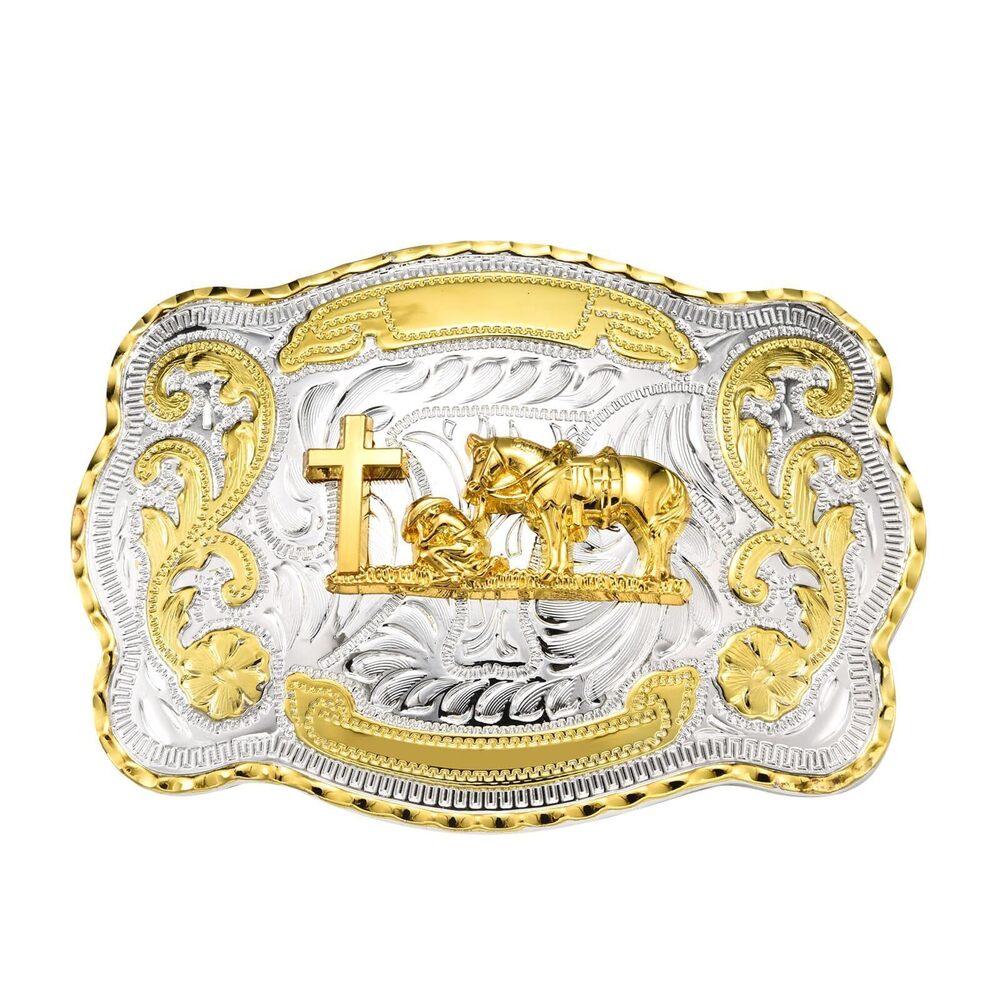 7368 Belt Buckle , Western Star Rooster Cross Kneeling Prayer Cowboy